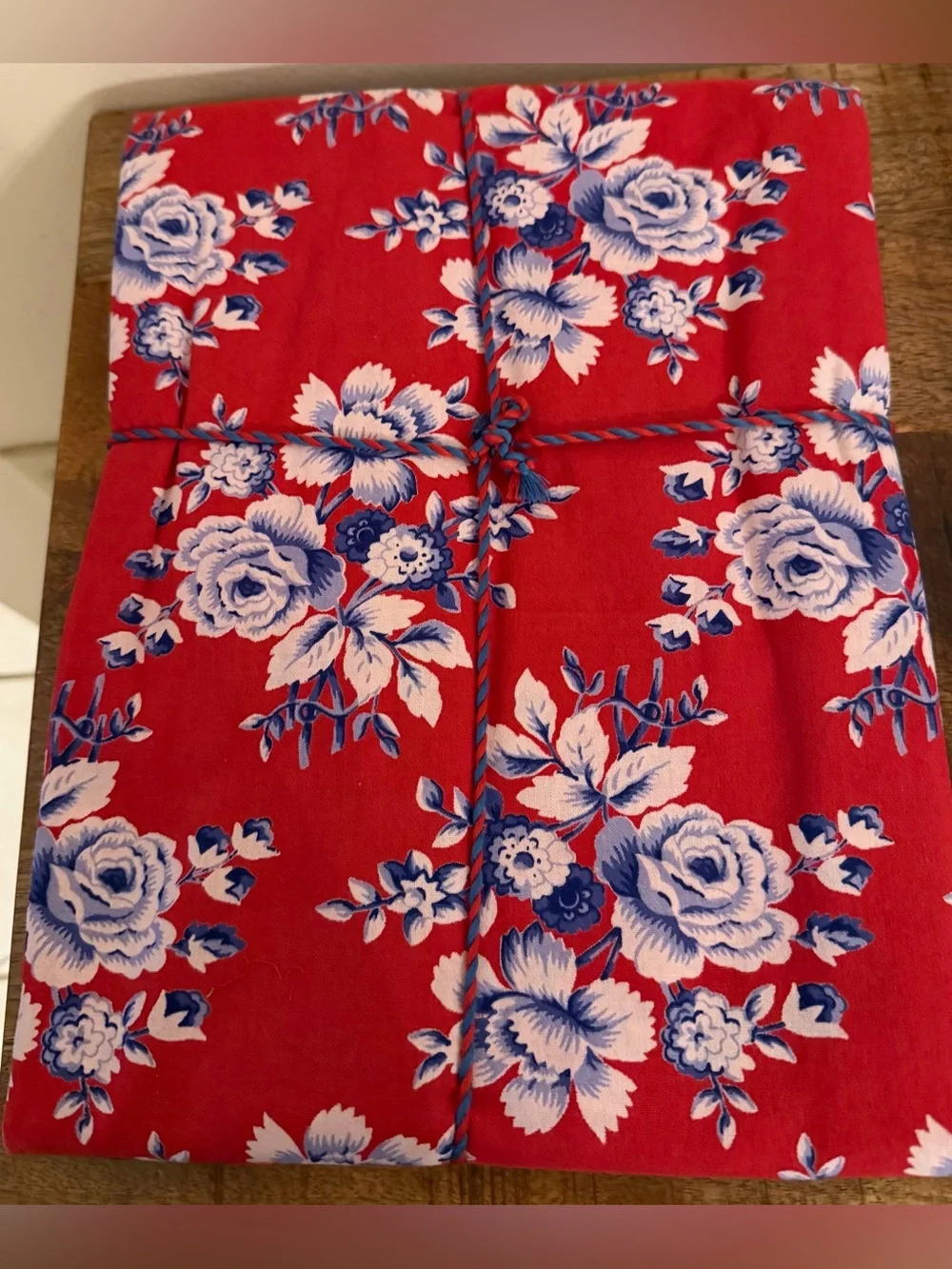 April Cornell Red Floral Tablecloth with Blue and White Blooms 60”x84”